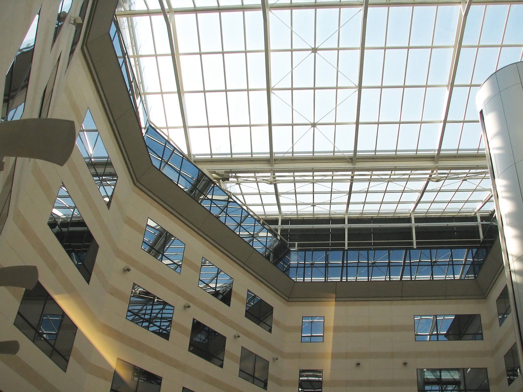 a glass roof in an office building