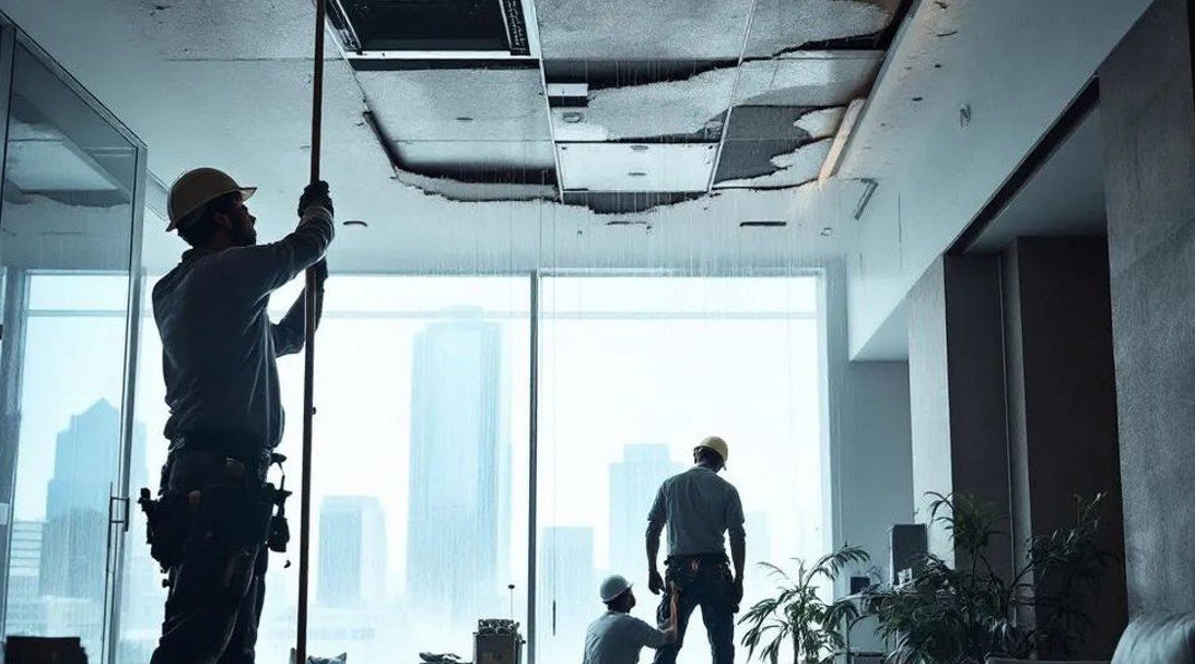 a group of workers fixing a ceiling. roof leaks